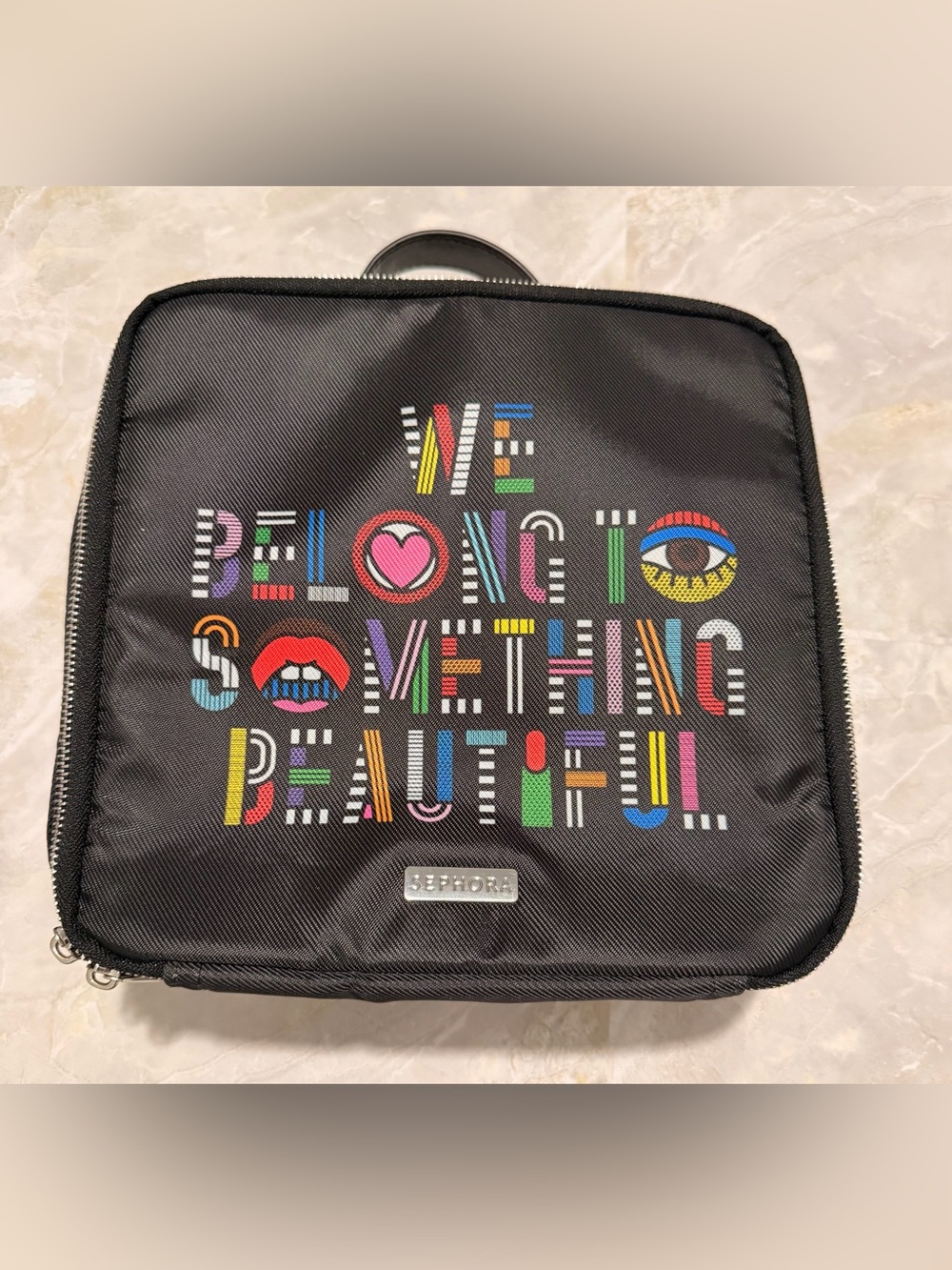 Sephora Black and Pink Patterned Cosmetic Bag with Metal Logo Plate